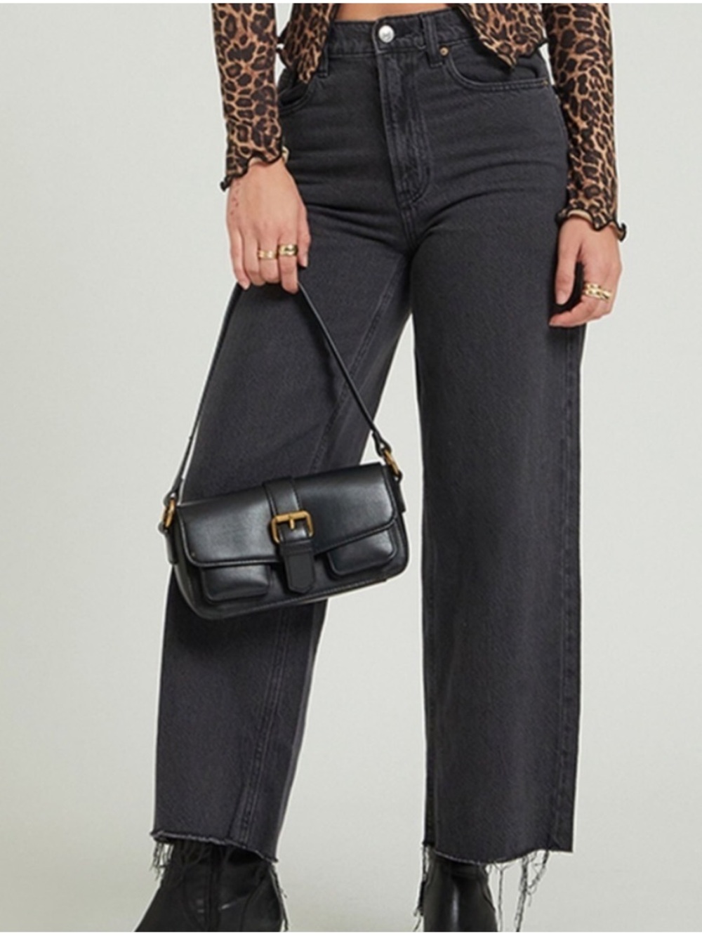 High-Rise Button Fly Cropped Raw-Edge Wide-Leg Jeans